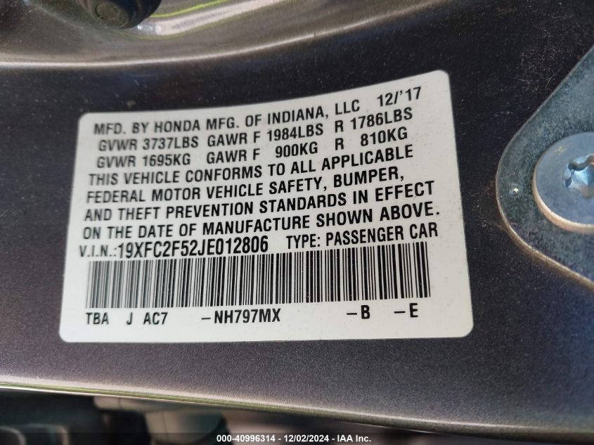 2018 Honda Civic Lx VIN: 19XFC2F52JE012806 Lot: 40996314