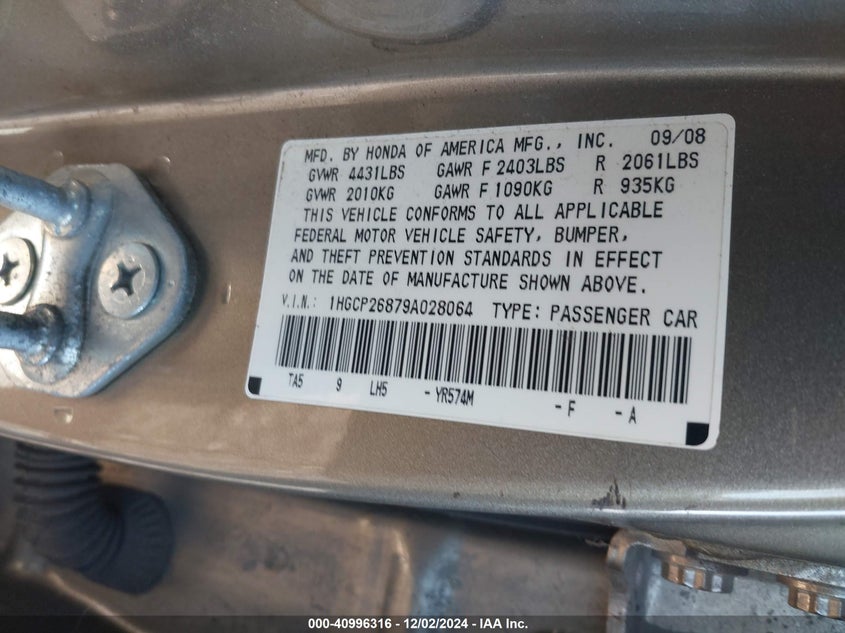 2009 HONDA ACCORD VIN: 1HGCP26879A028064