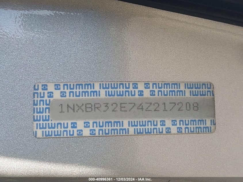 2004 Toyota Corolla Le VIN: 1NXBR32E74Z217208 Lot: 40996361