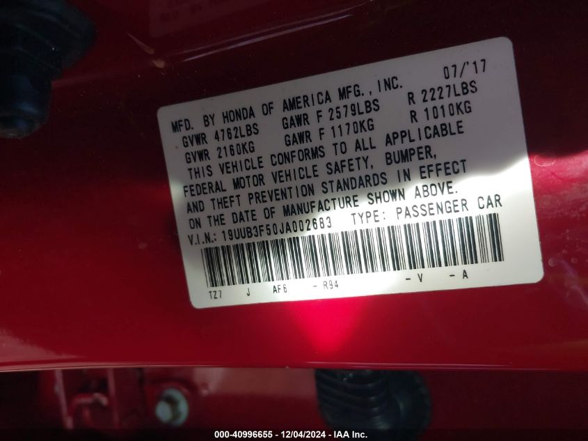 2018 Acura Tlx Tech Pkg VIN: 19UUB3F50JA002683 Lot: 40996655