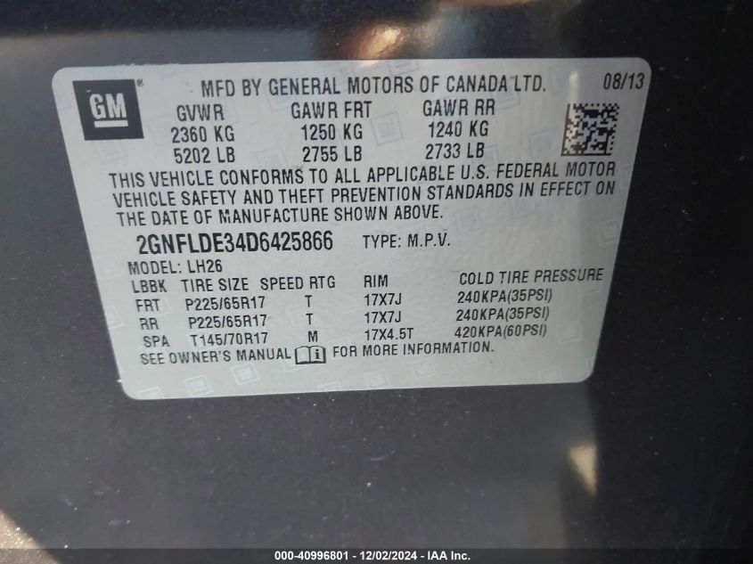 VIN 2GNFLDE34D6425866 2013 Chevrolet Equinox, 1LT no.9