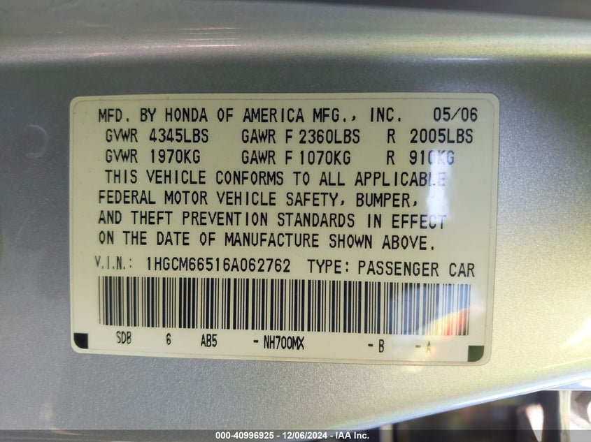 2006 HONDA ACCORD VIN: 1HGCM66516A062762