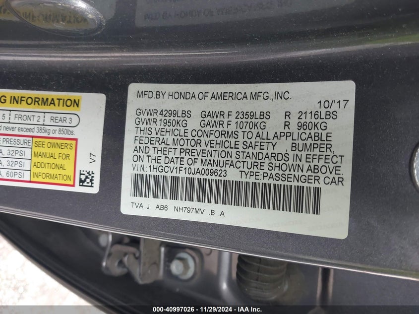 2018 HONDA ACCORD VIN: 1HGCV1F10JA009623