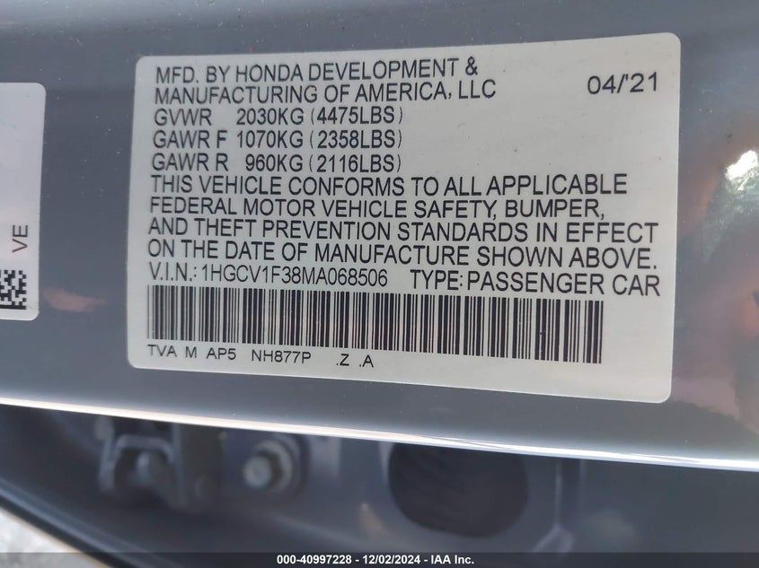 VIN 1HGCV1F38MA068506 2021 HONDA ACCORD SPORT