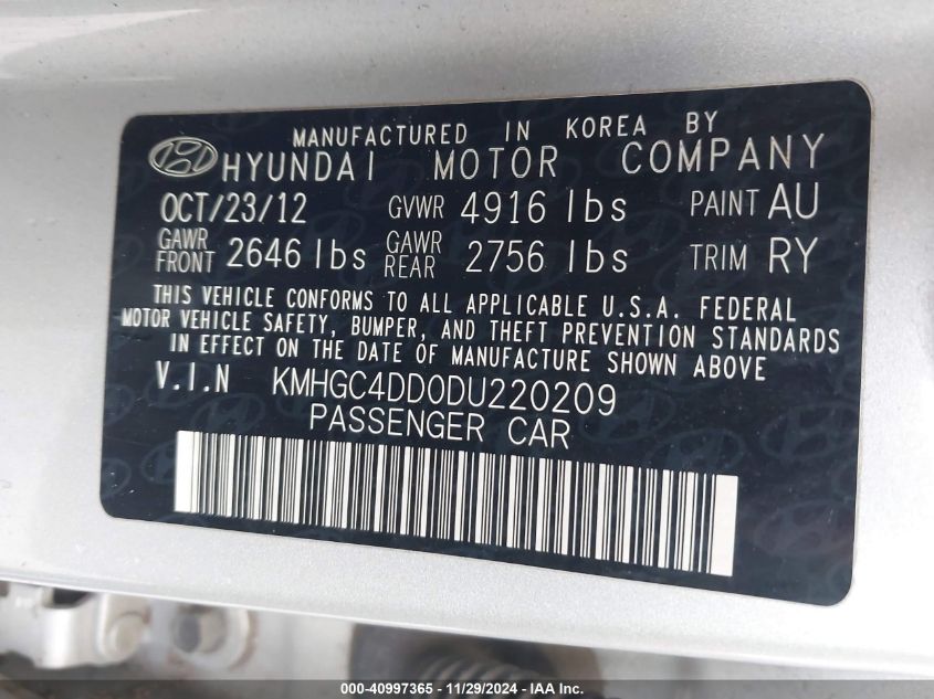 2013 Hyundai Genesis 3.8 VIN: KMHGC4DD0DU220209 Lot: 40997365