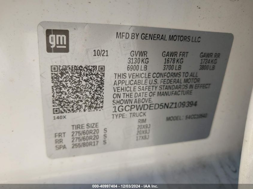2022 Chevrolet Silverado 1500 Ltd 2Wd Short Bed Rst VIN: 1GCPWDED5NZ109394 Lot: 40997404