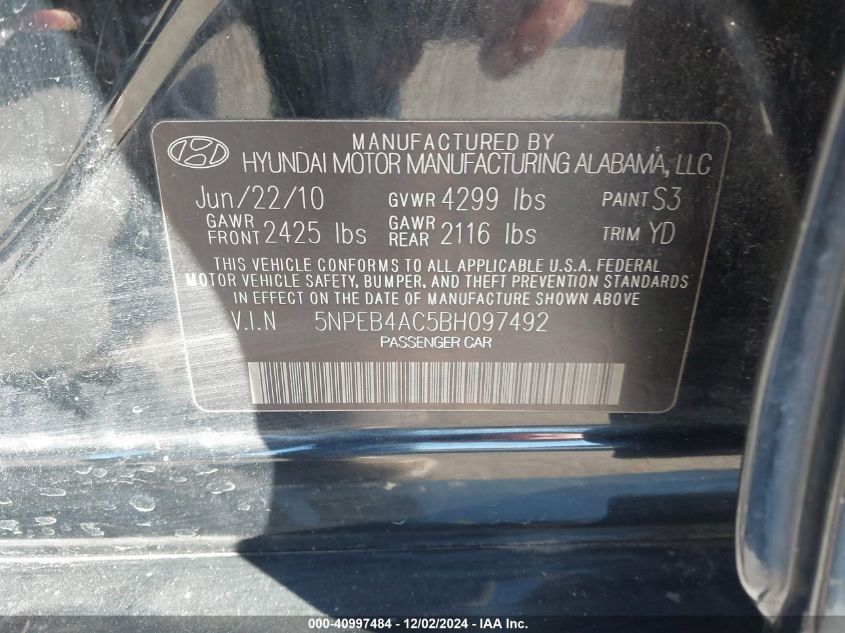 2011 Hyundai Sonata Gls VIN: 5NPEB4AC5BH097492 Lot: 40997484