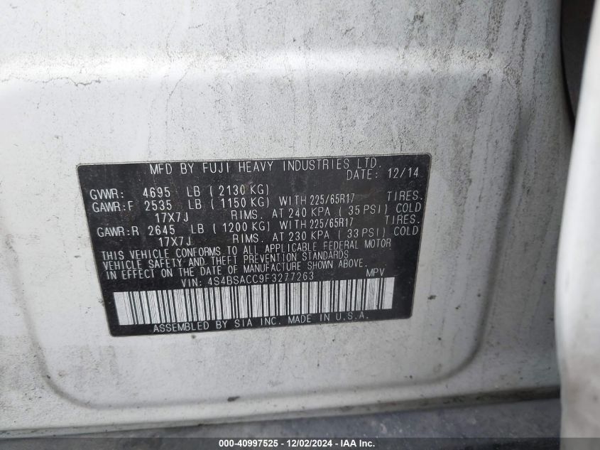 VIN 4S4BSACC9F3277263 2015 Subaru Outback, 2.5I Pre... no.9