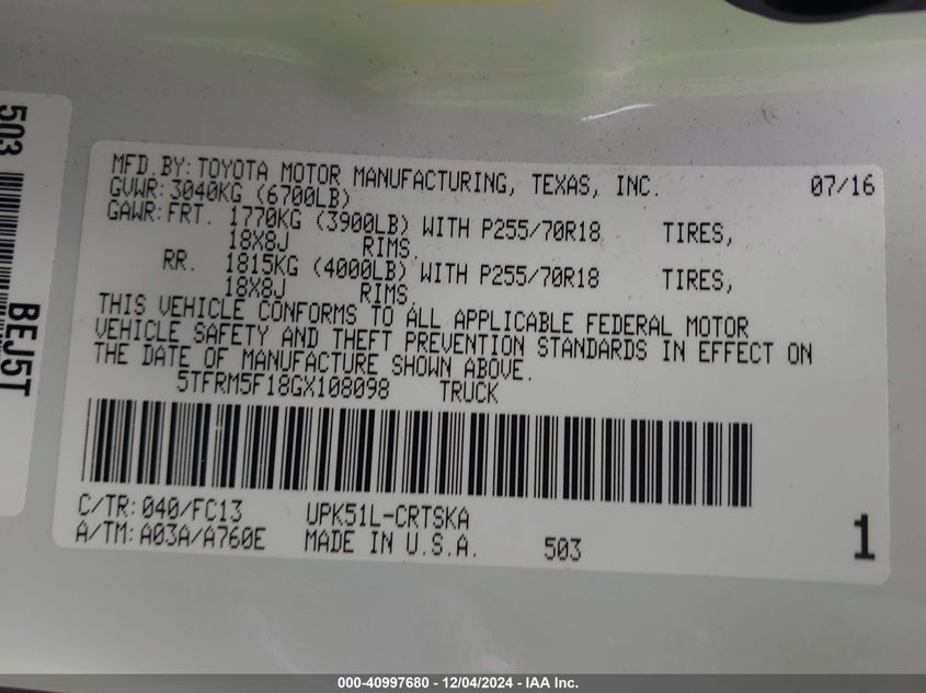 2016 TOYOTA TUNDRA VIN: 5TFRM5F18GX108098