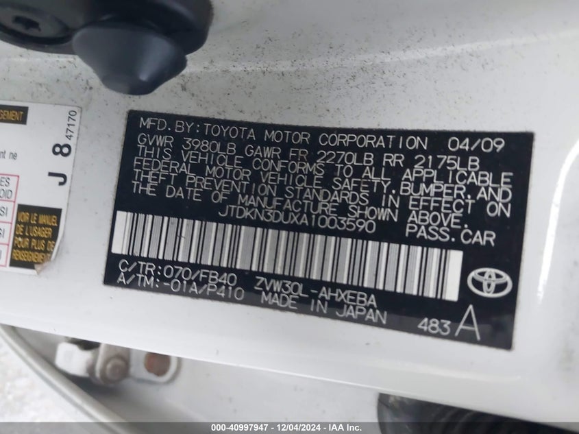 2010 TOYOTA PRIUS VIN: JTDKN3DUXA1003590