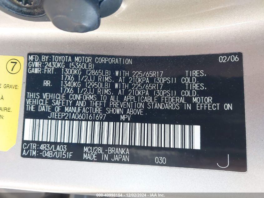 2006 Toyota Highlander Limited V6 VIN: JTEEP21A060161697 Lot: 40998154