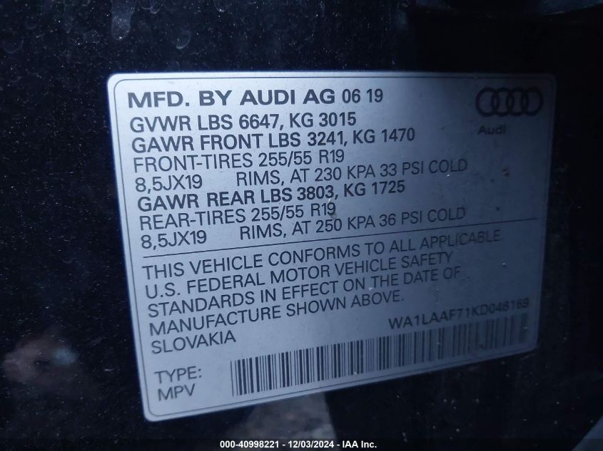 VIN WA1LAAF71KD046169 2019 Audi Q7, 55 Premium/55 S... no.9