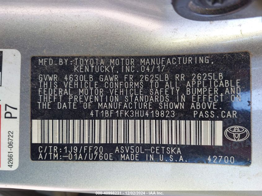 VIN 4T1BF1FK3HU419823 2017 Toyota Camry, SE no.9