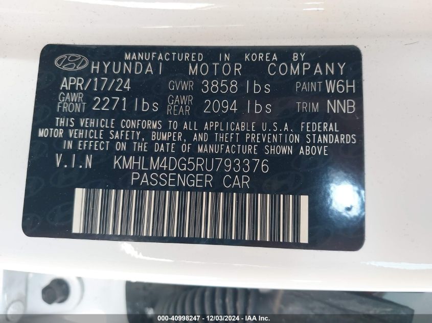 2024 Hyundai Elantra Sel VIN: KMHLM4DG5RU793376 Lot: 40998247