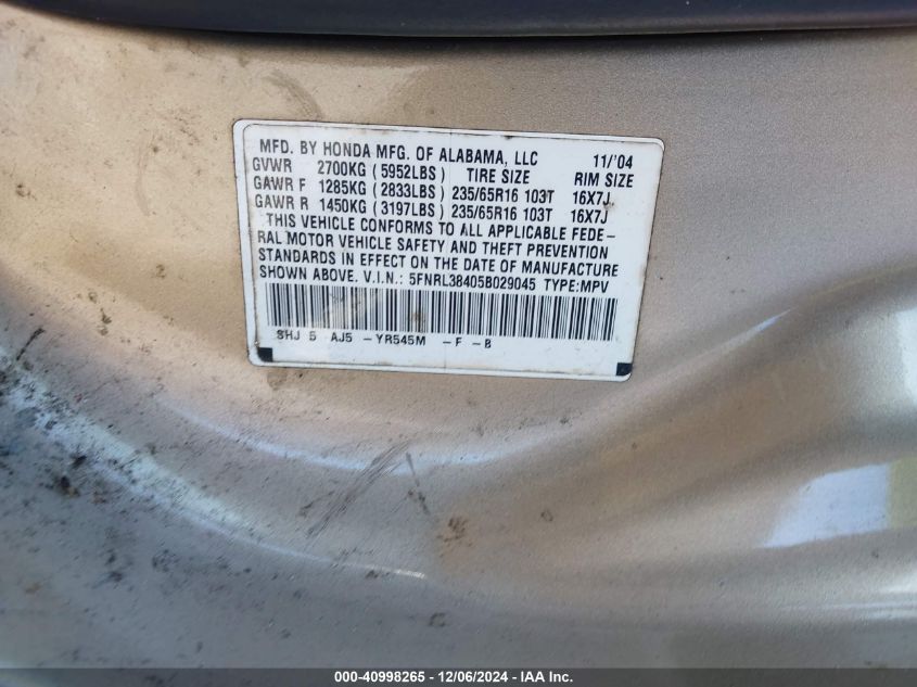 2005 Honda Odyssey Ex VIN: 5FNRL38405B029045 Lot: 40998265