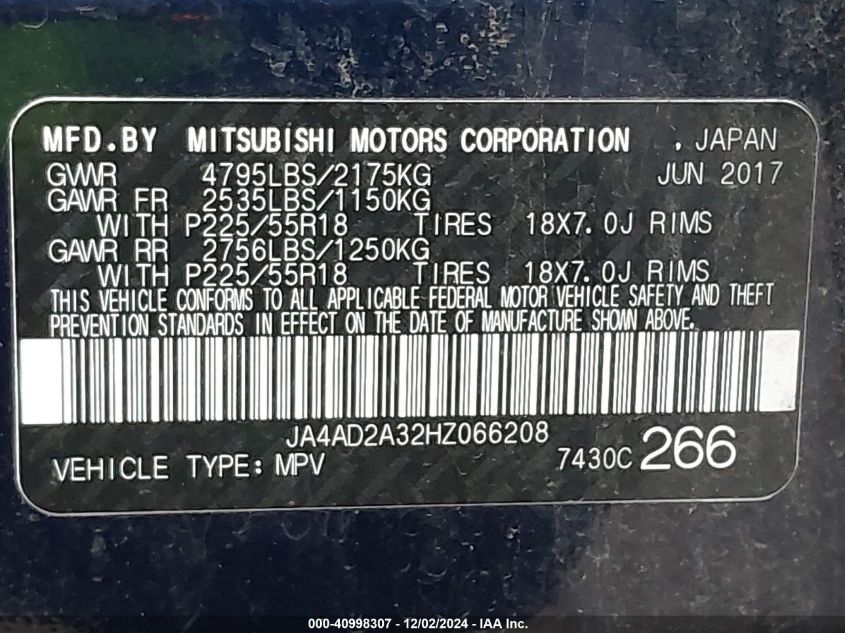 2017 Mitsubishi Outlander Es VIN: JA4AD2A32HZ066208 Lot: 40998307