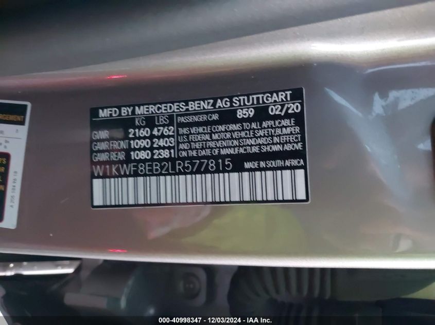 2020 Mercedes-Benz C 300 4Matic VIN: W1KWF8EB2LR577815 Lot: 40998347