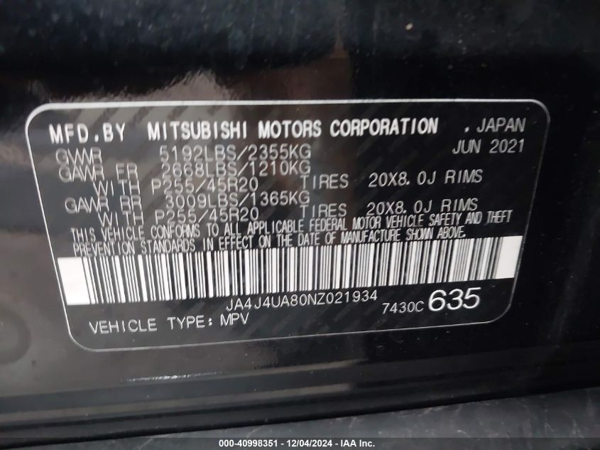 2022 Mitsubishi Outlander Black Edition /Se 2.5 /Se Launch Edition VIN: JA4J4UA80NZ021934 Lot: 40998351