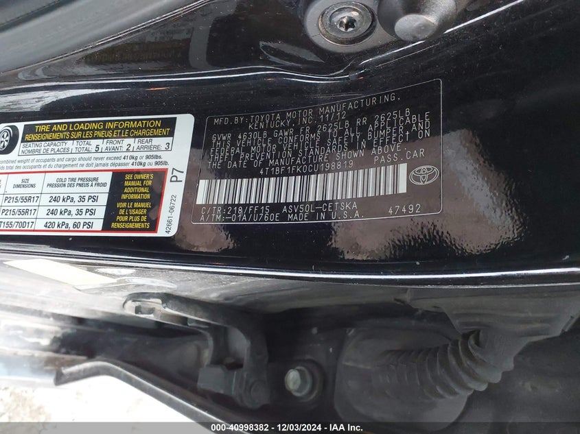 2012 TOYOTA CAMRY VIN: 4T1BF1FK0CU198819