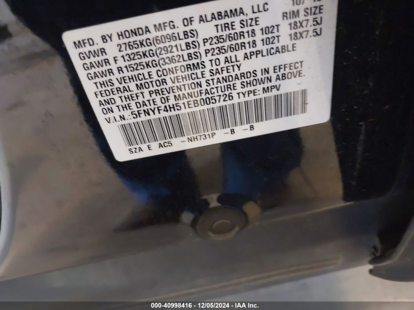 2014 Honda Pilot Ex-L VIN: 5FNYF4H51EB005726 Lot: 40998416