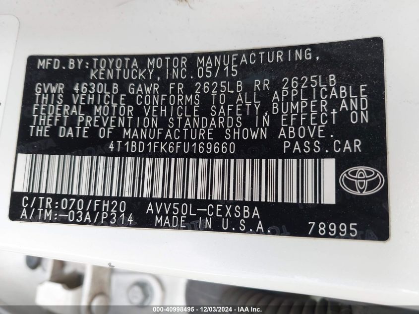 VIN 4T1BD1FK6FU169660 2015 Toyota Camry, Hybrid SE no.9