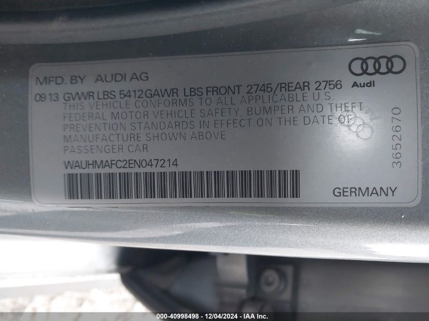 VIN WAUHMAFC2EN047214 2014 Audi A6, 3.0 Tdi Premium... no.9