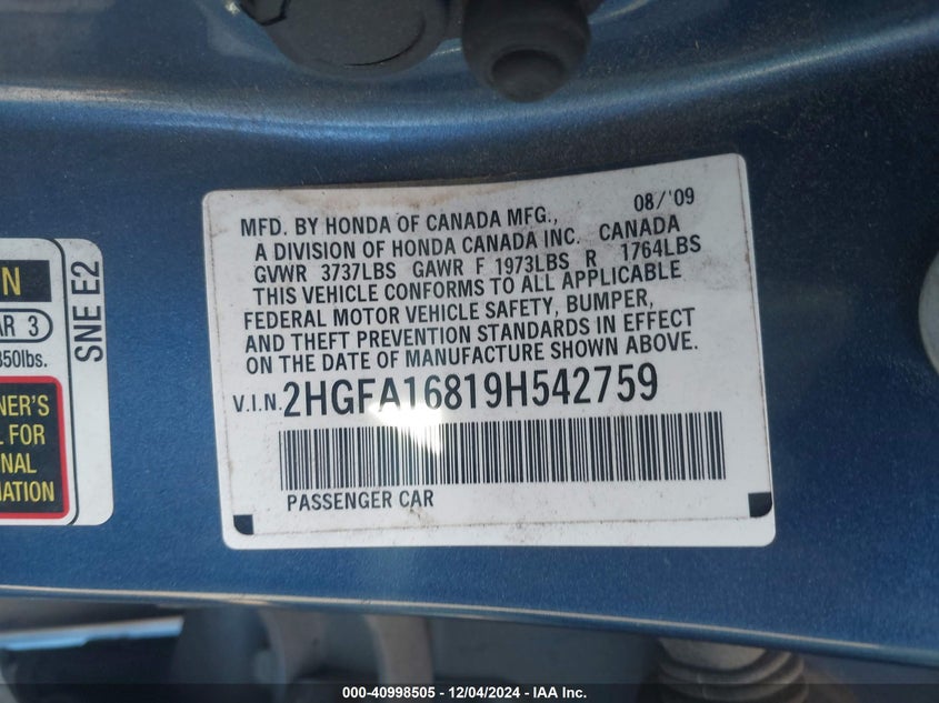 2009 HONDA CIVIC VIN: 2HGFA16819H542759