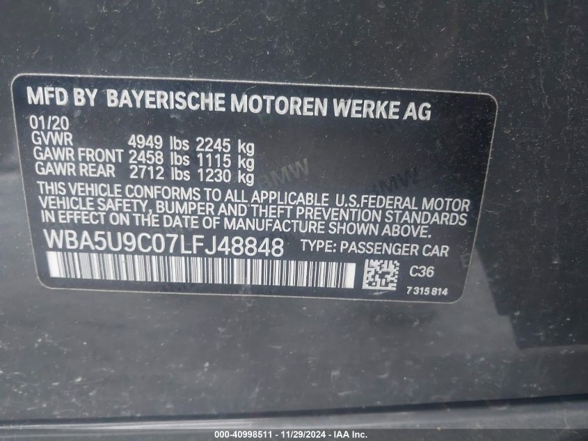 2020 BMW 3 Series M340I xDrive VIN: WBA5U9C07LFJ48848 Lot: 40998511