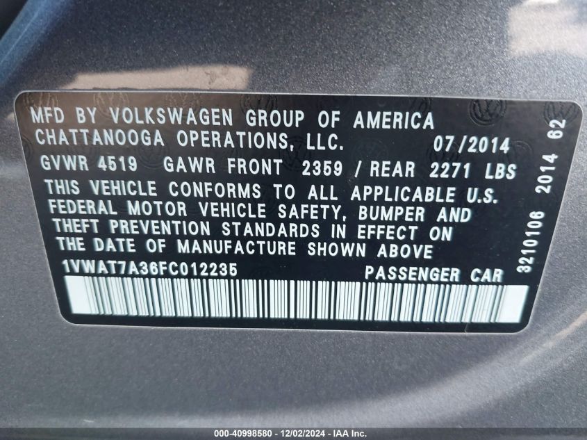 VIN 1VWAT7A36FC012235 2015 VOLKSWAGEN PASSAT no.9