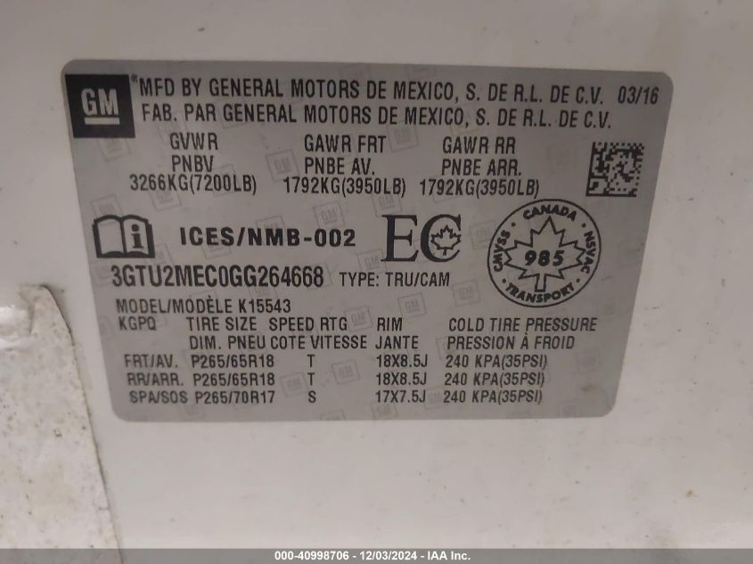 VIN 3GTU2MEC0GG264668 2016 GMC Sierra, 1500 Sle no.9