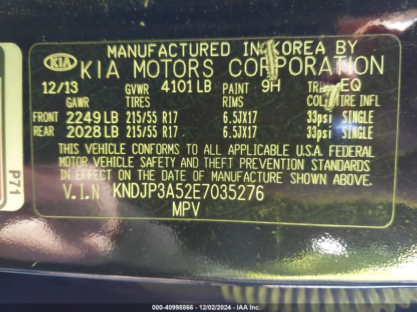 VIN KNDJP3A52E7035276 2014 KIA Soul, + no.9