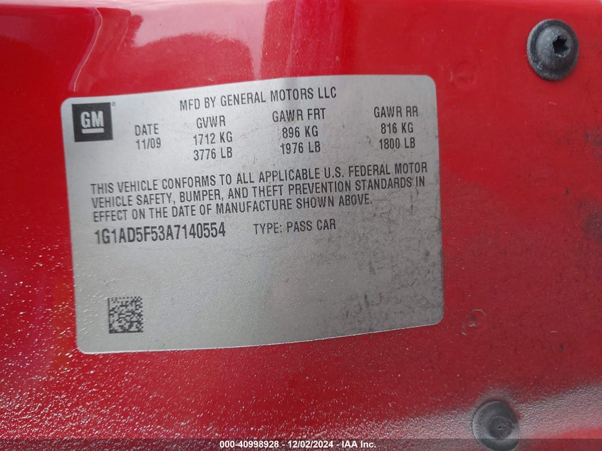 2010 CHEVROLET COBALT VIN: 1G1AD5F53A7140554