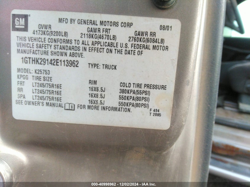 2002 GMC Sierra 2500Hd Sle VIN: 1GTHK29142E113962 Lot: 40998962