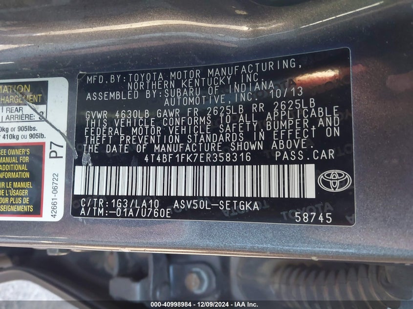 2014 TOYOTA CAMRY VIN: 4T4BF1FK7ER358316