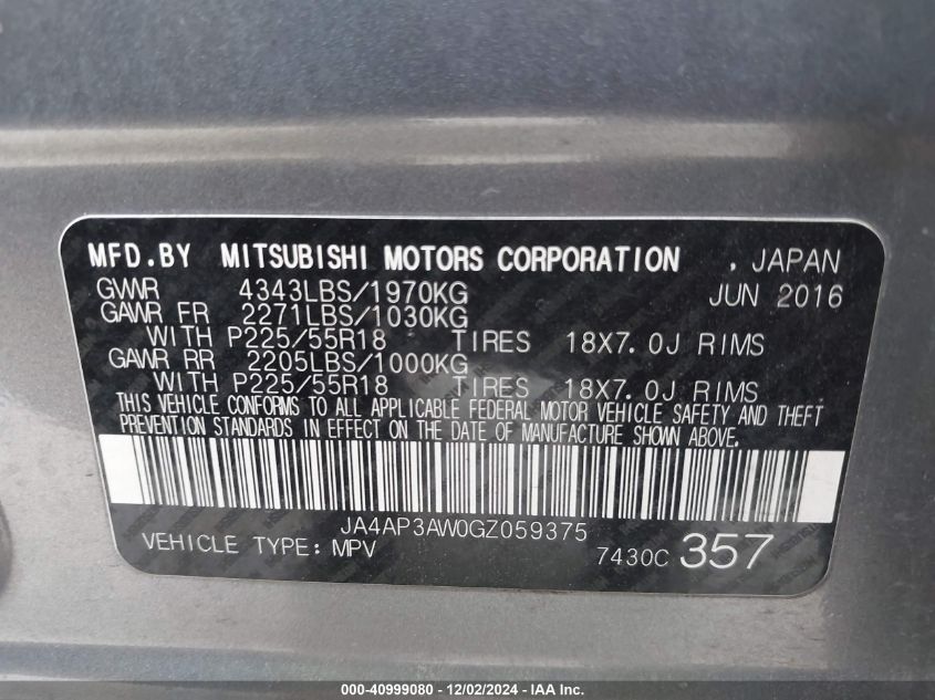 VIN JA4AP3AW0GZ059375 2016 MITSUBISHI OUTLANDER SPORT no.9