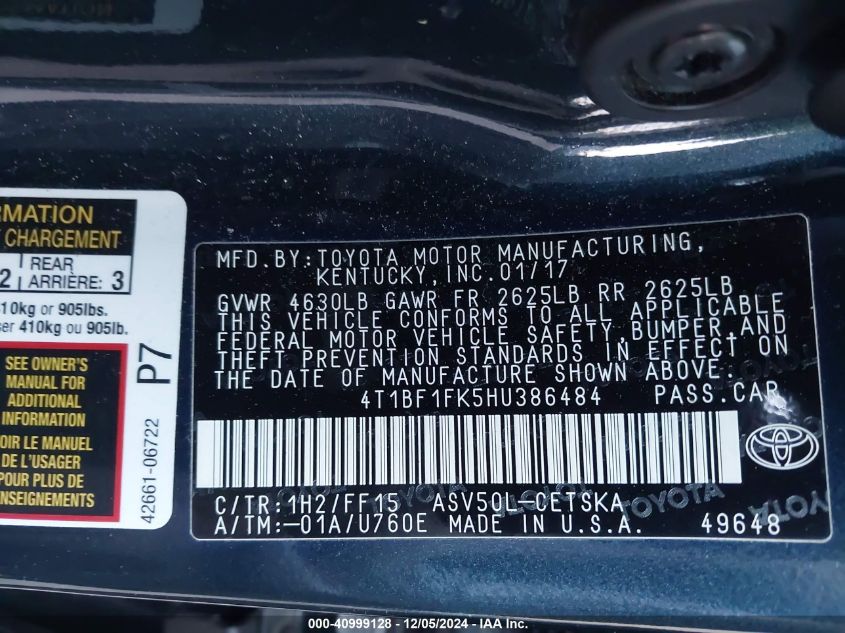 VIN 4T1BF1FK5HU386484 2017 Toyota Camry, SE no.9