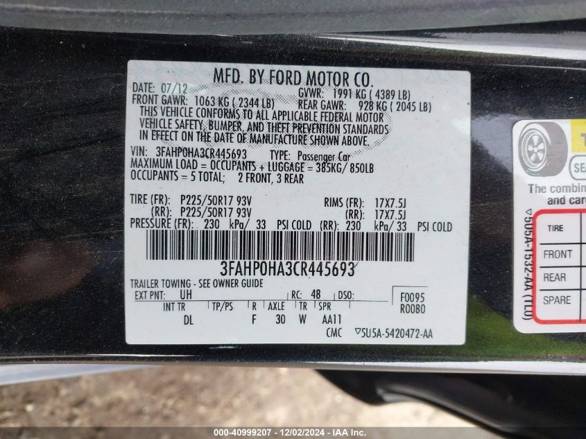 2012 Ford Fusion Se VIN: 3FAHP0HA3CR445693 Lot: 40999207