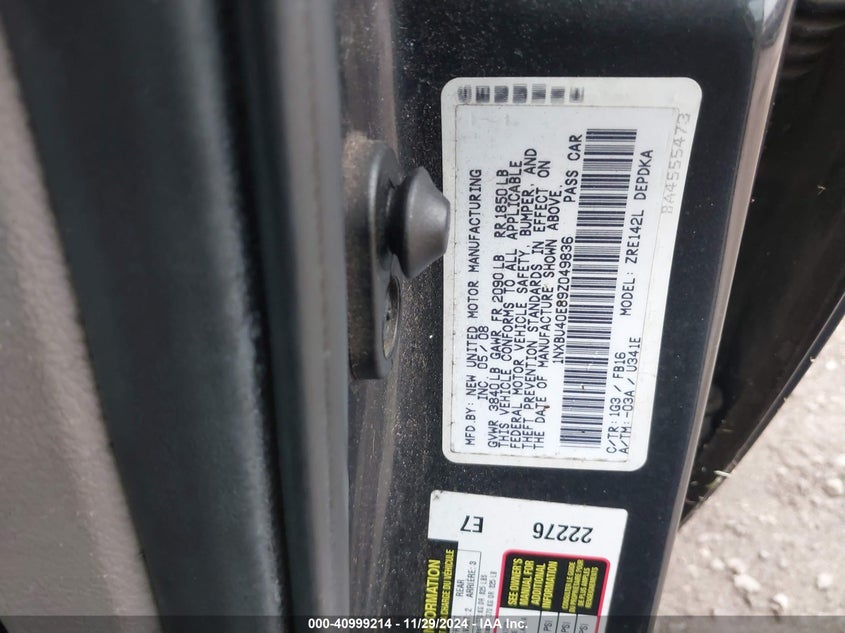 2009 TOYOTA COROLLA VIN: 1NXBU40E89Z049836