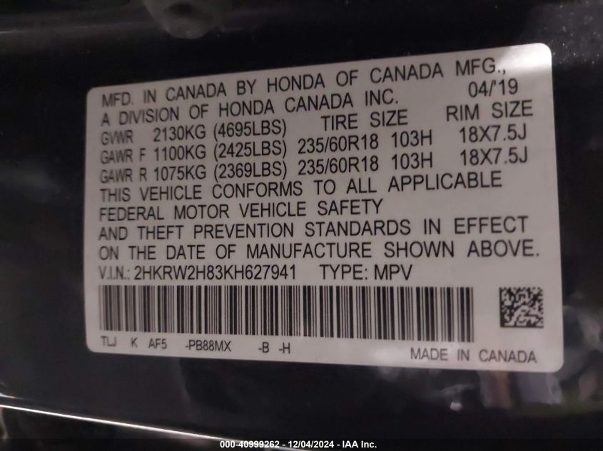 VIN 2HKRW2H83KH627941 2019 Honda CR-V, Ex-L no.9