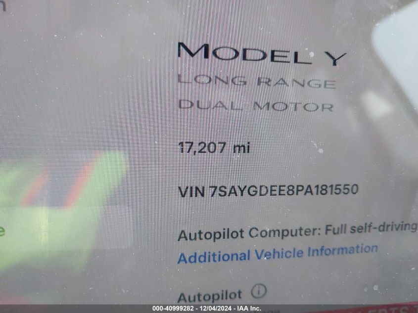 2023 Tesla Model Y Awd/Long Range Dual Motor All-Wheel Drive VIN: 7SAYGDEE8PA181550 Lot: 40999282