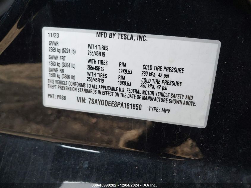 2023 Tesla Model Y Awd/Long Range Dual Motor All-Wheel Drive VIN: 7SAYGDEE8PA181550 Lot: 40999282