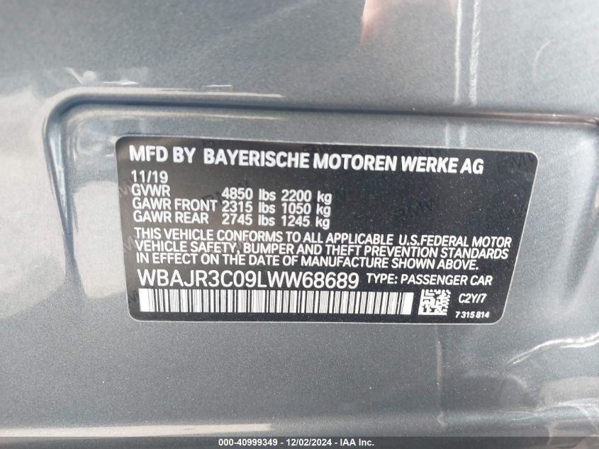 VIN WBAJR3C09LWW68689 2020 BMW 5 Series, 530I no.9