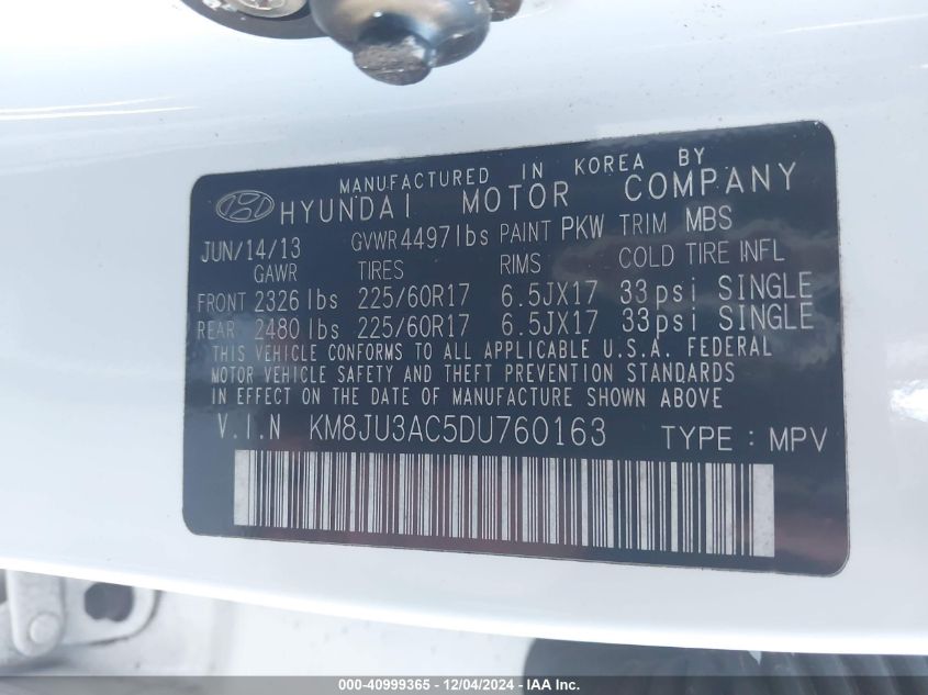 VIN KM8JU3AC5DU760163 2013 Hyundai Tucson, Gls no.9