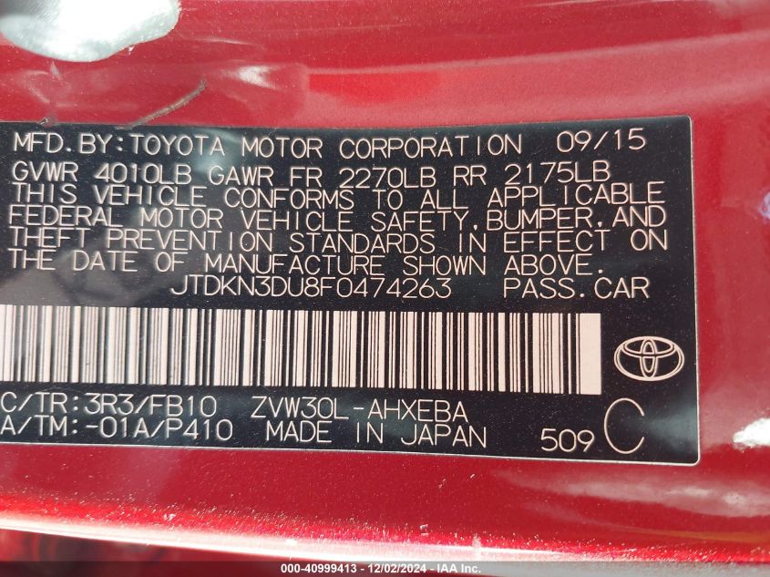 VIN JTDKN3DU8F0474263 2015 Toyota Prius, Two no.9