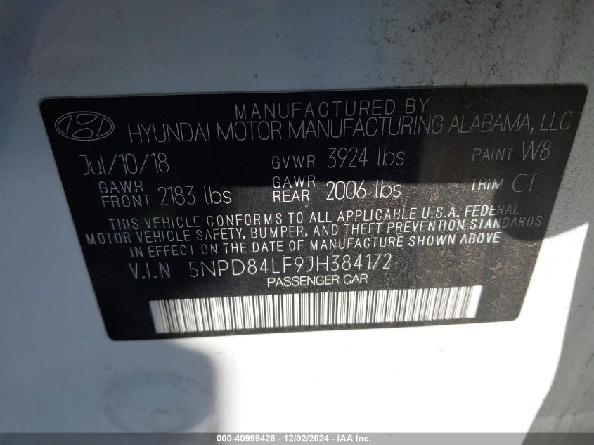 VIN 5NPD84LF9JH384172 2018 Hyundai Elantra, Value E... no.9