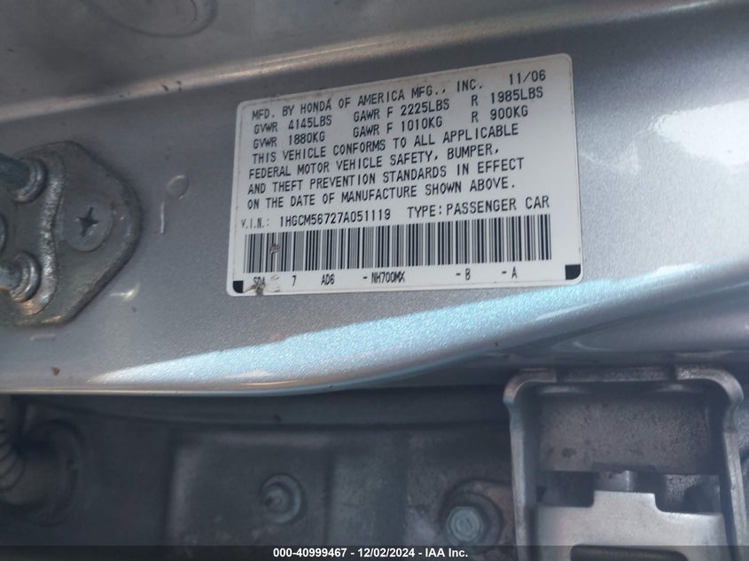 2007 HONDA ACCORD VIN: 1HGCM56727A051119