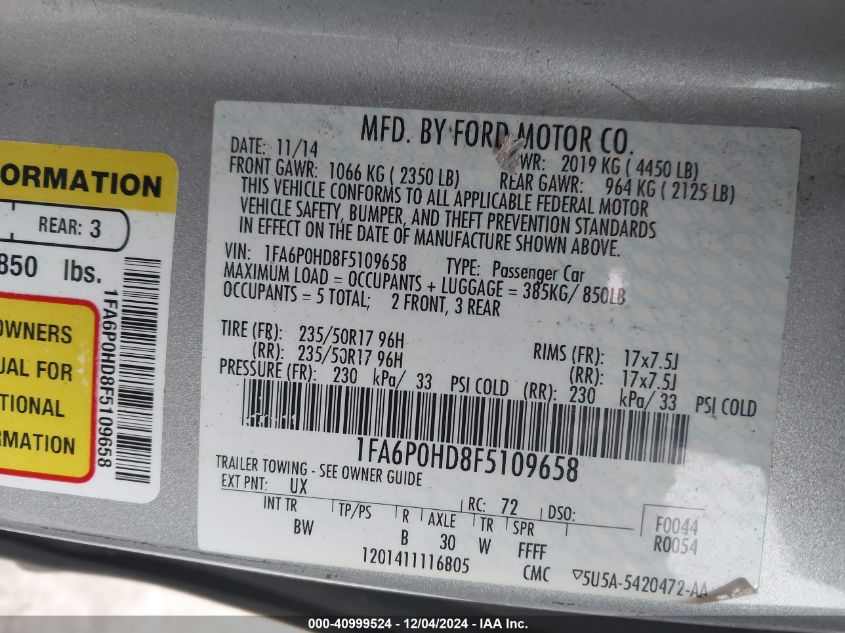 VIN 1FA6P0HD8F5109658 2015 Ford Fusion, SE no.9