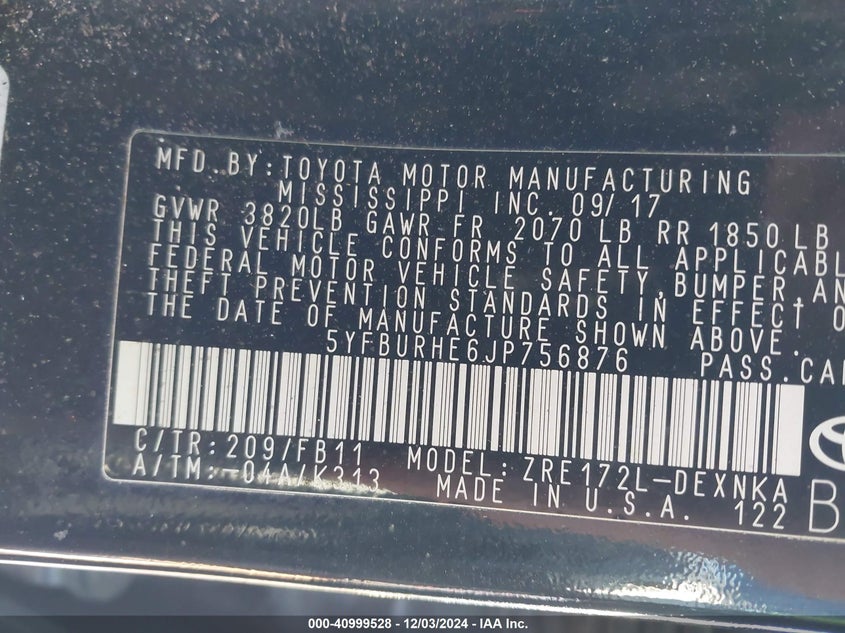 2018 TOYOTA COROLLA VIN: 5YFBURHE6JP756876