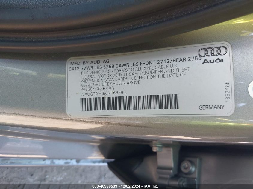 2012 Audi A6 3.0 Premium VIN: WAUGGAFC6CN168795 Lot: 40999539