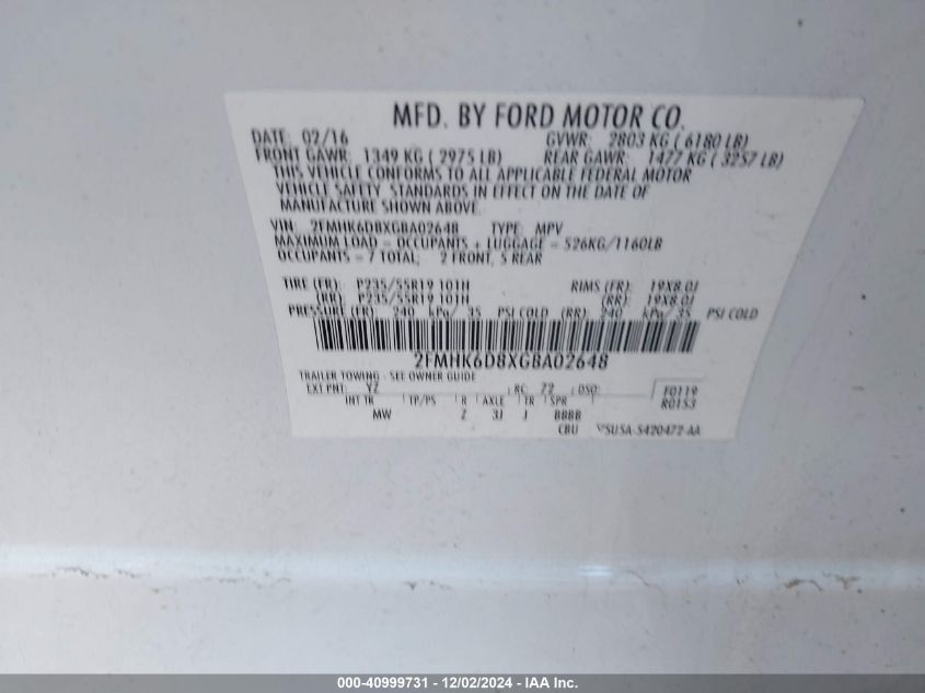 VIN 2FMHK6D8XGBA02648 2016 Ford Flex, Limited no.9